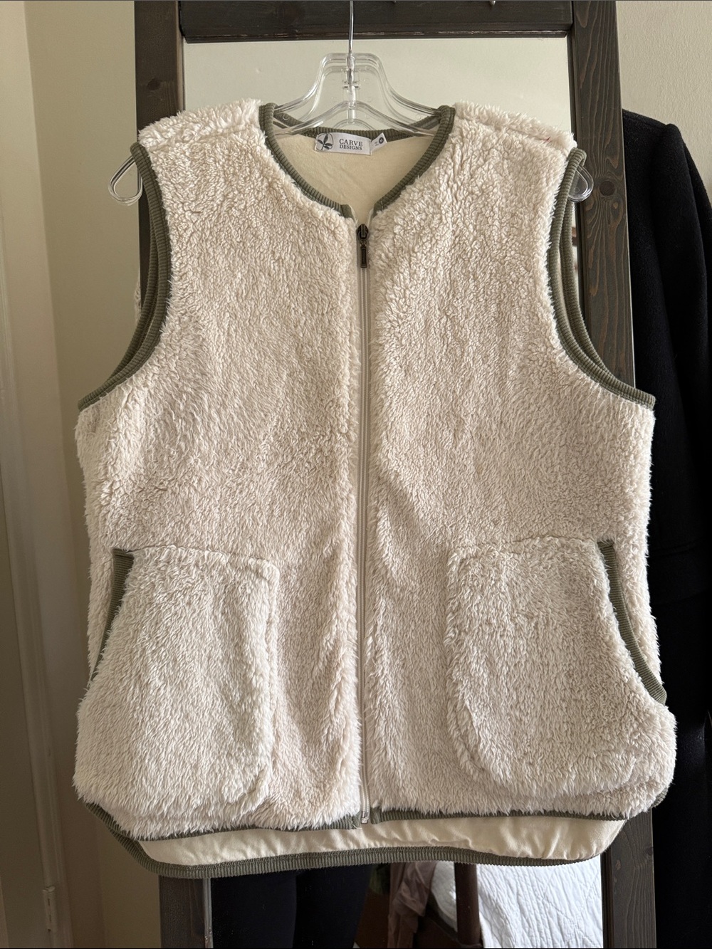 Carve Designs Cream Sherpa Vest with Olive Trim